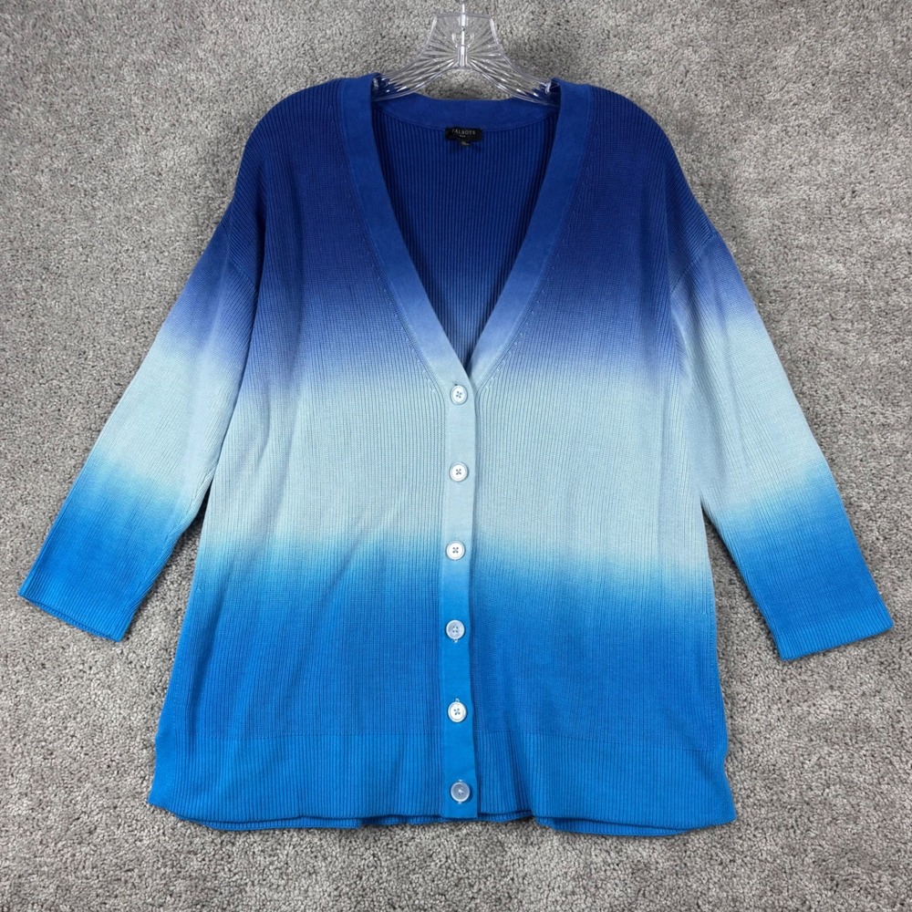 Talbots Plus Womens 1X Blue Ombre Ribbed Cotton Tencel V-Neck Cardigan Sweater
